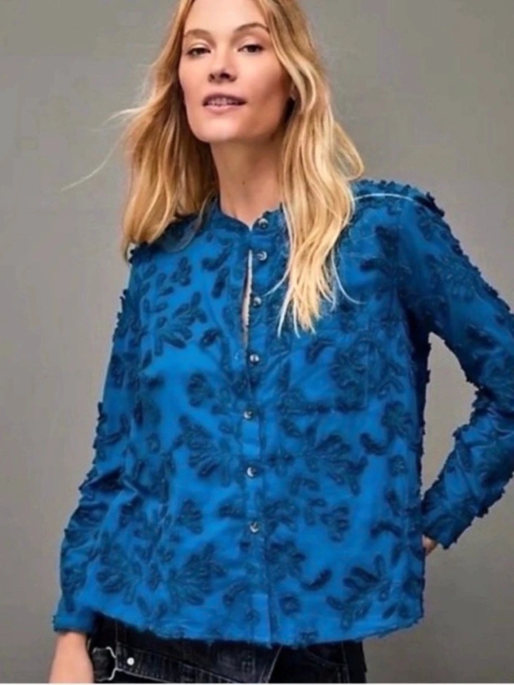 Anthropologie Pilcro The Whitney Textured Trapeze Button Down Shirt L Blue